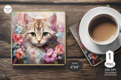 Cat Mug coaster with Rose| Coaster Mug Sublimation | flowers Product Image 1