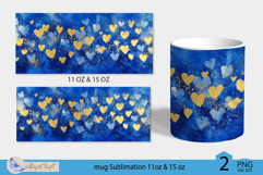 Valentines day mug wrap|blue gold hearts mug 11oz 15oz wrap Product Image 2