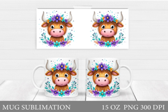 Cute Cow Mug Sublimation. Cow Flowers Mug Wrap Design Product Image 1