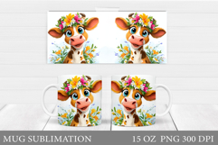 Cute Cow Mug Sublimation. Cow Flowers Mug Wrap Design Product Image 1