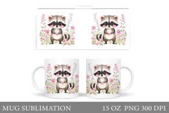 Cute Raccoon Mug Sublimation. Racoon Flowers Mug Design Product Image 1