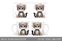 Cute Cat Mug Sublimation. Cat Flowers Mug Design Product Image 1