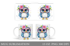 Cute Owl Mug Sublimation. Owl Flowers Mug Design Product Image 1