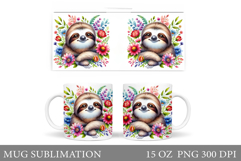 Cute Sloth Mug Design. Sloth Flowers Mug Sublimation Product Image 1