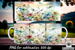 Dragonfly and Meadow flowers sublimation mug. Spring wrap Product Image 1