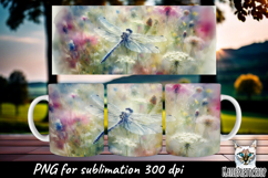 Dragonfly and Meadow flowers sublimation mug. Spring wrap Product Image 1