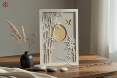 Layered Panel "Bamboo and Crane under the Moon" 3D Paper Cut Product Image 2