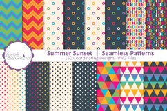 Multicolored Summer Themed Seamless patterns featuring chevrons, circles, crescents, polka dots, and triangles