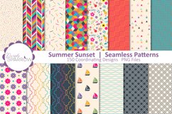 Multicolored Summer Themed Seamless patterns featuring herringbone, confetti, speckles, tropical items, trellises, sailboats, waves, and more