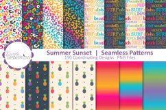 Multicolored Summer Themed Seamless patterns featuring pineapples, gradients, cheetah prints, and word clusters