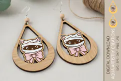 Mummy Cat Teardrop Earrings, Cat Earrings, Cat Wearing Bow Product Image 1
