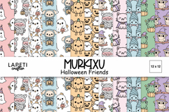 Cute pastel Halloween digital papers featuring kawaii ghosts, puppies, and mummy pigs in soft colors, perfect for kids’ crafts and scrapbooking.