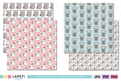 Kawaii Halloween digital paper pack with pumpkins, ghosts, witches, and cats in pastel tones, ideal for party printables, crafts, and journaling.