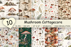 Mushroom Cottagecore Digital Paper Pack, Seamless Watercolor Pattern Bundle, Printable Scrapbook Paper, Earthy Woodland Design Collection