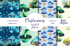 4 Bioluminescent Mushrooms Seamless Digital Papers Set Product Image 1