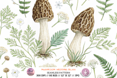 mushroom wedding, bliss elegant, bridal bouquet, sophisticated rustic, romantic floral, morel amanita, fern baby breath, gold foil, seamless background, digital paper, printable art, junk journal, scrapbook paper