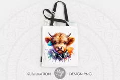 The artwork shows a cute highland cow wearing headphones, plaid scarf and cow ear tag as PNG file for download