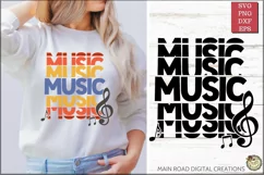 Music SVG stacked words being used on a sweatshirt worn by a woman