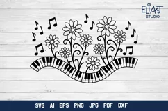 Music Keyboard SVG Design with Music Notes and Flowers for Cricut and Silhouette Cutting Machines