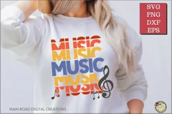sliced music word svg being used on a sweatshirt worn by a girl 