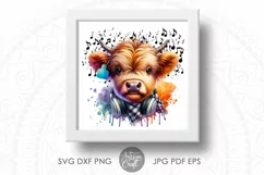 The artwork shows a cute highland cow wearing headphones, plaid scarf and cow ear tag as PNG file for download