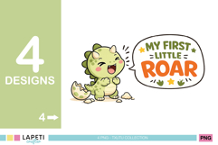 Happy little dinosaur roaring beside the phrase My First Little Roar