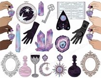 Purple bottle of perfume in hands, magic crystals, ouija pointer, gothic gloves with celestial signs, open book of charms, vintage mirrors, crescent and sun rays earrings, medieval wine glass, potion bottles, gray key