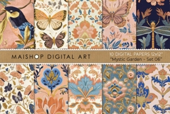 Bohemian mystic garden patterns featuring butterflies and dragonflies with blue and orange floral botanical illustrations.