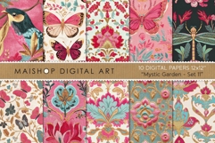 Bohemian mystic garden patterns featuring butterflies, dragonflies, and pink floral botanical illustrations on dark and light backgrounds.
