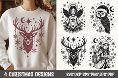 Mystical Christmas sweatshirt with celestial reindeer design and three extra winter SVG graphics of angel, owl and elf with lantern.