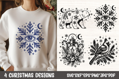 Gothic Christmas sweatshirt with mystical eye snowflake and three additional winter SVG designs of bear, lantern and cardinal.