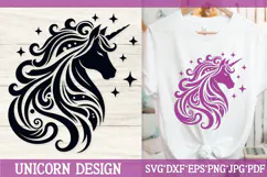 This Mystical Unicorn Silhouette SVG features an elegant unicorn profile with a flowing, intricate mane adorned with swirls and dots, complemented by magical sparkles. Perfect for fantasy lovers, children's décor, vinyl crafts, t-shirts, mugs, and more. F