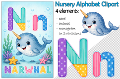 Nursery Alphabet Clipart, Flashcard Letter N, Monogram PNG Product Image 1