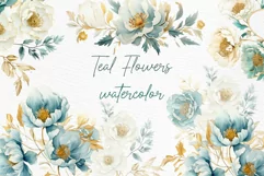 Dusty Blue Floral Clipart Watercolor Teal Flowers Clipart Product Image 1