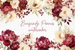 Burgundy Flowers Clipart Watercolor Burgundy Peonies Clipart Product Image 1