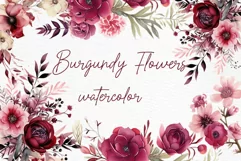 Burgundy Flowers Clipart Watercolor Burgundy Peonies Clipart Product Image 1