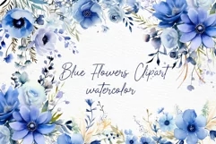 Navy Blue flowers Clipart Watercolor Blue flowers borders Product Image 1