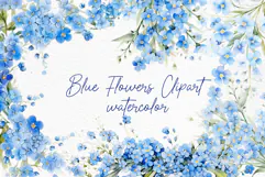 Light Blue flowers Clipart Blue Flowers Clipart Watercolor Product Image 1
