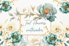 Dusty Blue Floral Clipart Watercolor Teal Flowers Clipart Product Image 1