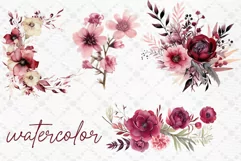 Burgundy Flowers Clipart Watercolor Burgundy Peonies Clipart Product Image 2