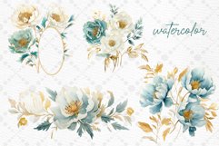 Dusty Blue Floral Clipart Watercolor Teal Flowers Clipart Product Image 2