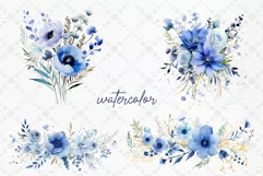 Navy Blue flowers Clipart Watercolor Blue flowers borders Product Image 2