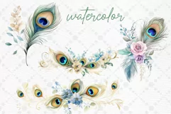 Watercolor Peacocks flowers clipart Gold Glitter Flowers Product Image 2