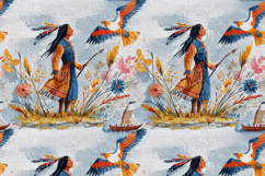 Native American Man and Eagle Seamless Pattern with Prairie Product Image 2
