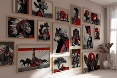 Native American Red and Black Spirit Wall Art  Set of 100