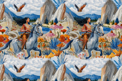 Native Woman Riding Horse Seamless Pattern with Mountains Product Image 2