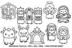 Cute nativity digital stamp set with outline characters