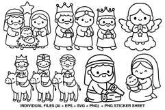 Nativity line art clipart set for Christmas crafts and printables