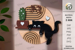 Naughty Cat on shelf Round Sign Laser Cut. Wall Decor SVG Product Image 1