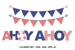 Nautical AHOY clipart with bunting banners in navy and coral
